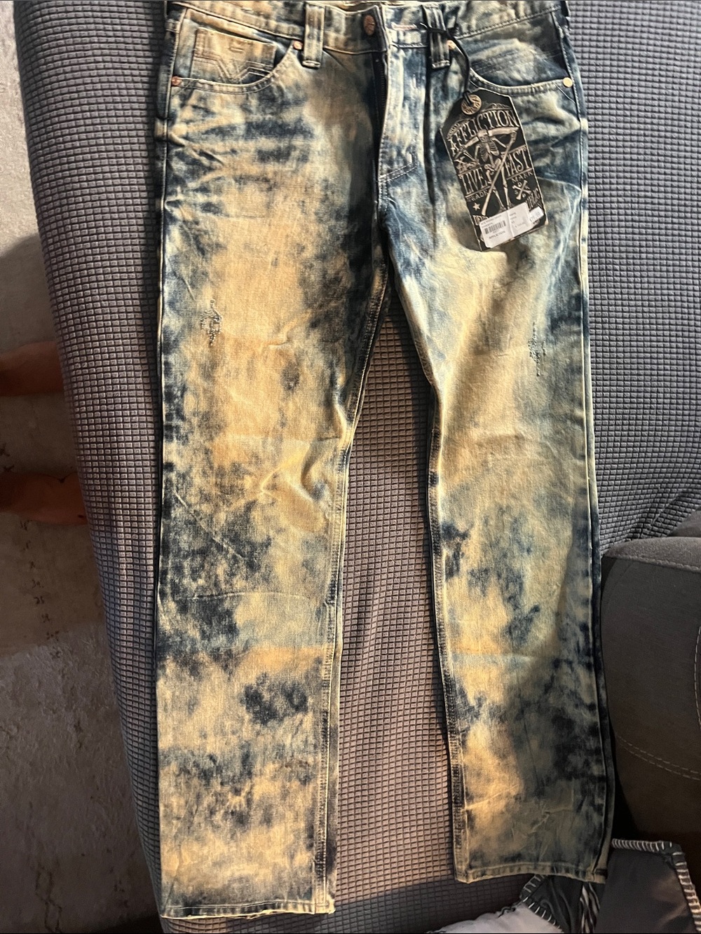 Affliction Men’s Tie-Dye Slim Straight Jeans - Blue & Cream